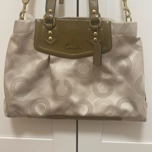 Coach Ashley Dotted Op Art North South Satchel Bag Purse KHAKI Taupe